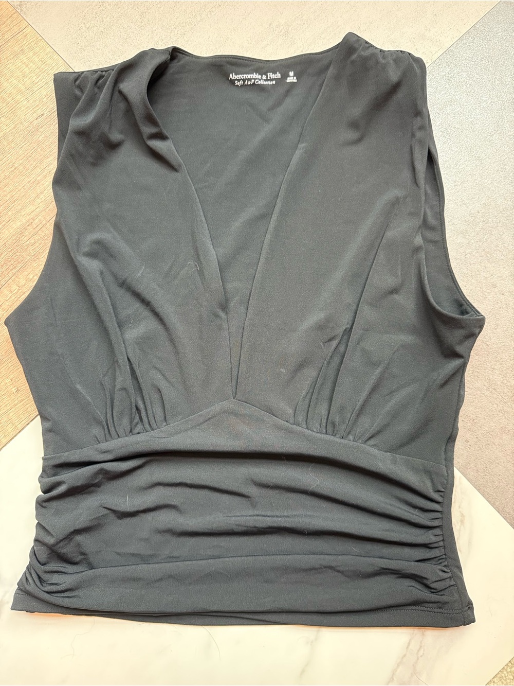 Abercrombie & Fitch Black V-Neck Ruched Waist Sleeveless Top